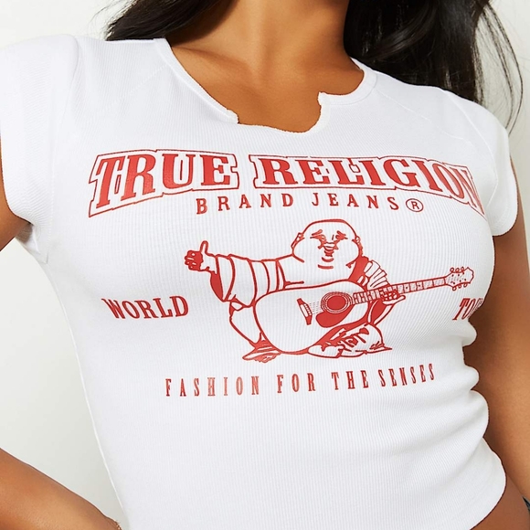 TRUE RELIGION LOGO NOTCH CROP RIBBED TEE OPTIC WHITE SIZE XXL - Picture 2 of 9